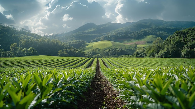 a field of crops with a mountain in the background