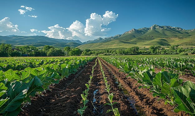 a field of crops with mountains in the background