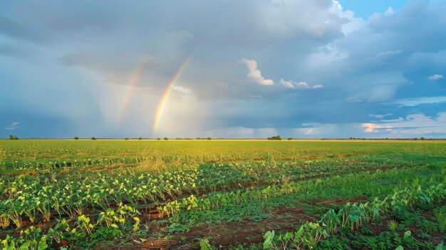 A field of crops with a rainbow in the sky