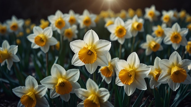 a field of daffodils with the sun shining through the clouds