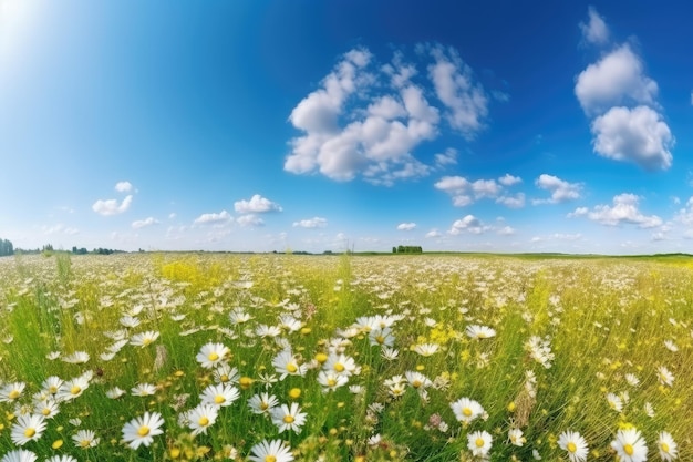 field of daisie flowers and and a blue sky generated by AI