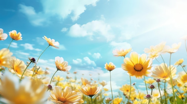 Field of daisies and blue sky with clouds Nature background