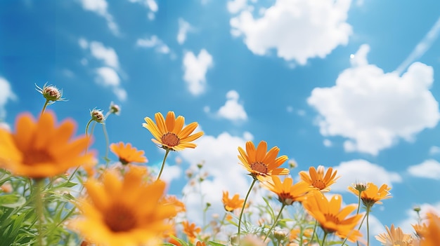 field of daisies under a blue sky with clouds on summer day