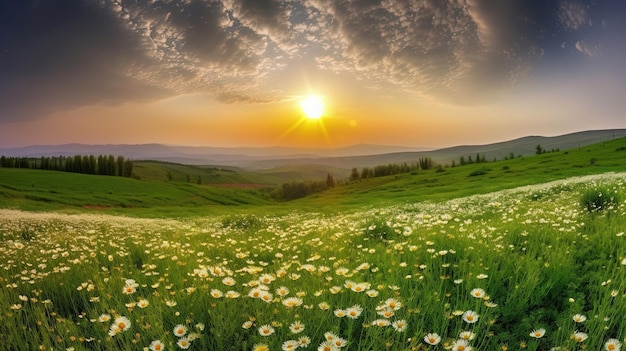 A field of daisies in front of a sunset