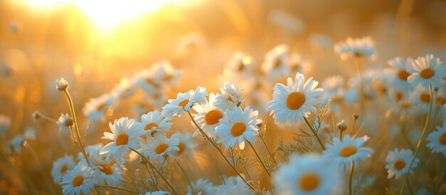 the field of daisies at sunset