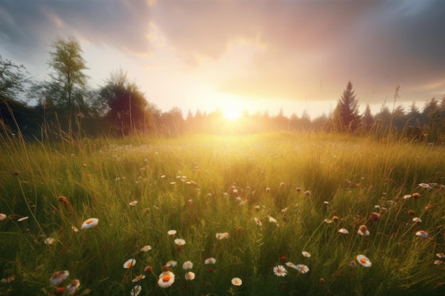 A field of daisies in the sunset