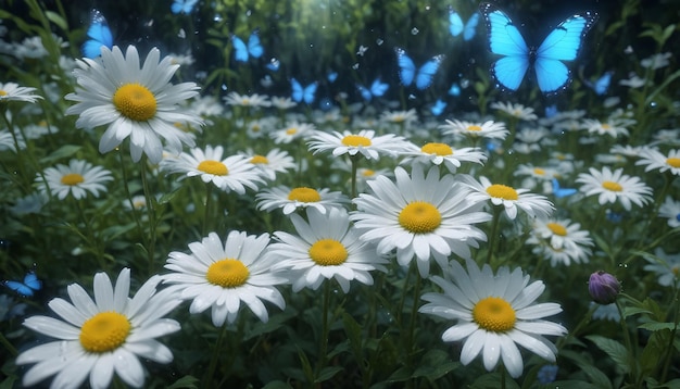 a field of daisies with a blue background and a blue butterfly in the background