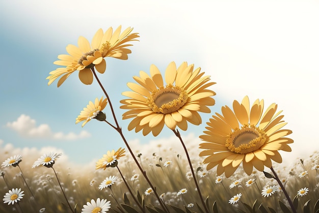 A field of daisies with a blue sky in the background.