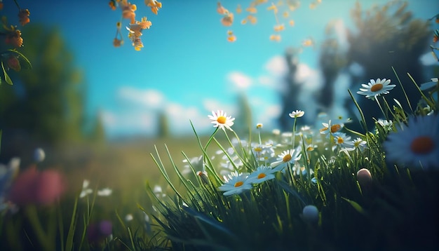 A field of daisies with a blue sky in the background