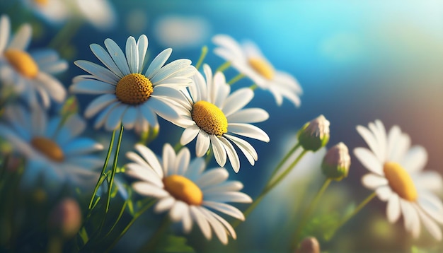 A field of daisies with a blue sky in the background