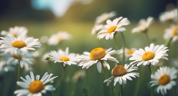 a field of daisies with a blurred background