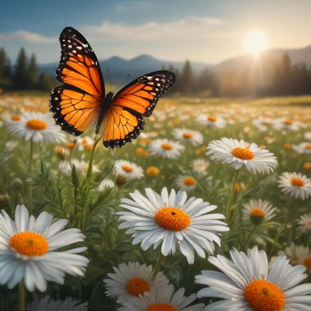 a field of daisies with a butterfly on the top of it