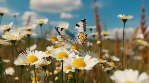 A field of daisies with a butterfly on the wings