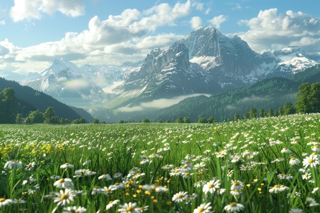 a field of daisies with a mountain in the background