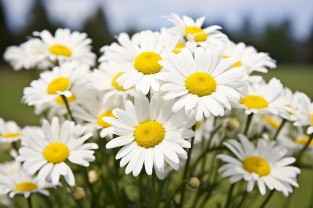 a field of daisies with a sky in the background