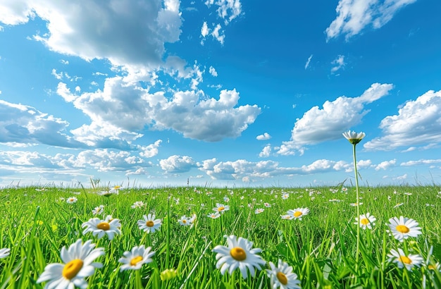 a field of daisies with a sky in the background