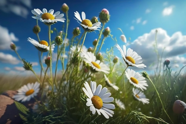 A field of daisies with the sky in the background