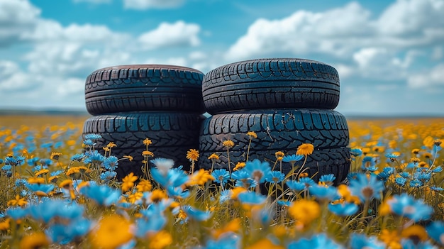 Photo field of daisies with summer tyres