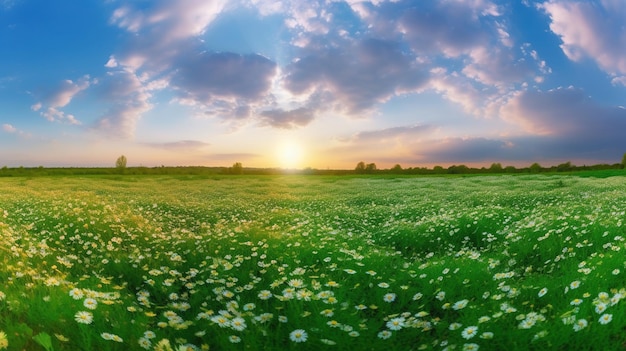 A field of daisies with the sun setting behind it