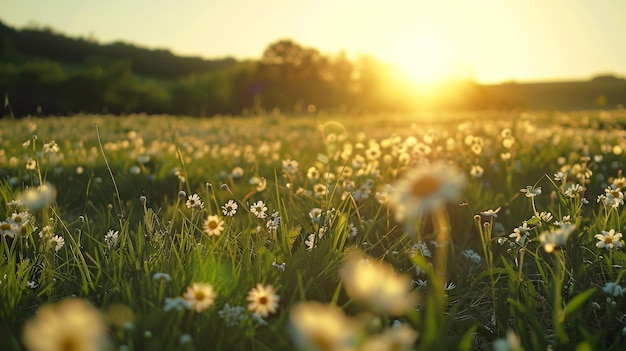 a field of daisies with the sun setting behind them