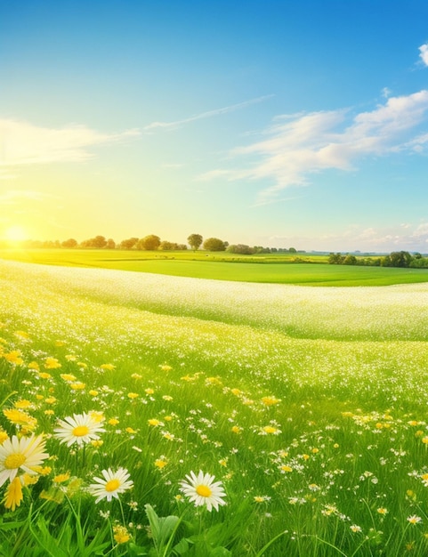 a field of daisies with a sun setting behind them