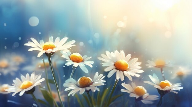 A field of daisies with the sun shining on it