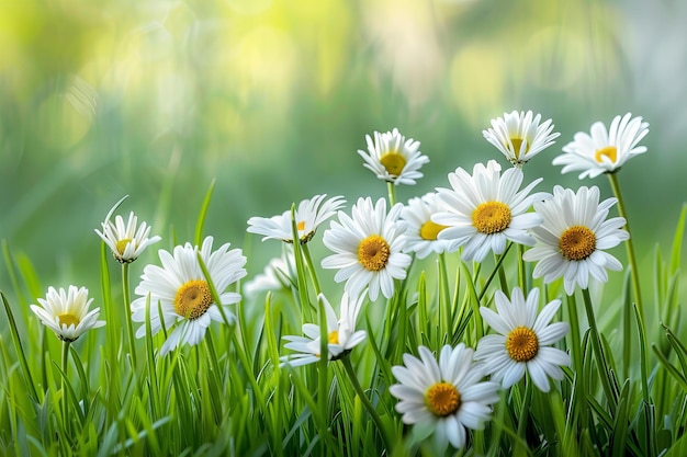 a field of daisies with the sun shining on them