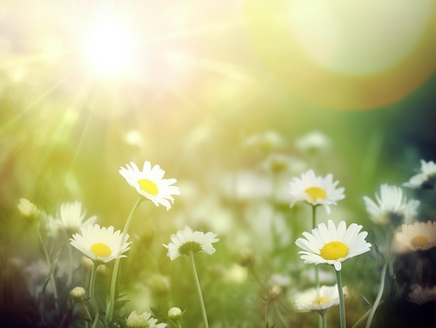 A field of daisies with the sun shining on them.