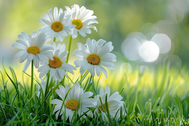 a field of daisies with the sun shining through the background