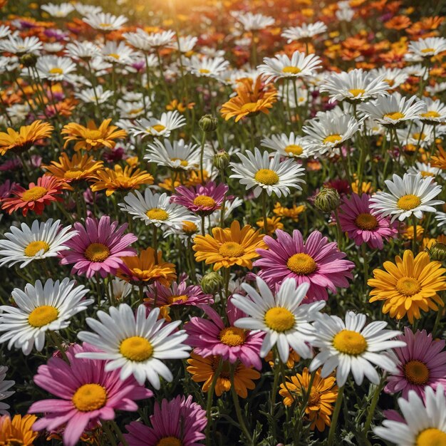 a field of daisies with the sun shining through the background