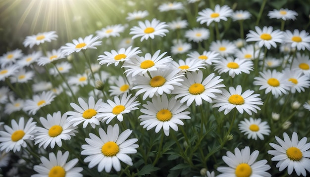 a field of daisies with the sun shining through the background