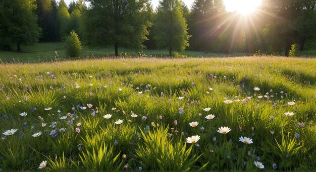 Photo a field of daisies with the sun shining through the grass