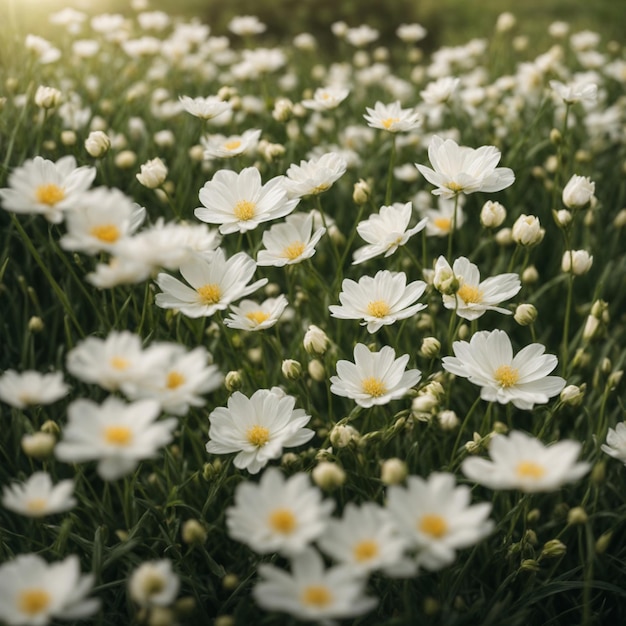 a field of daisies with the sun shining through the leaves