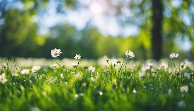 Photo a field of daisies with the sun shining through the trees