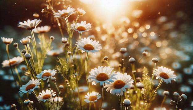 a field of daisies with the sun behind them