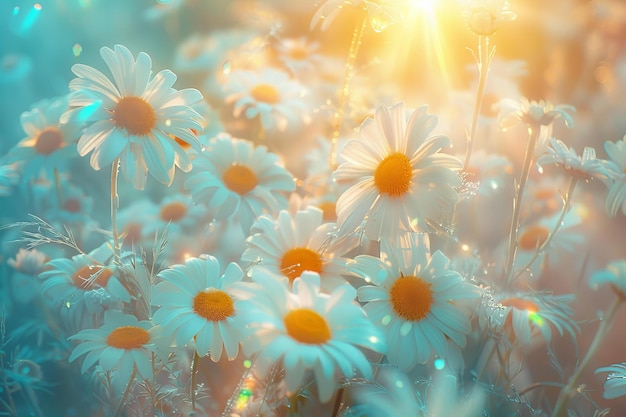 a field of daisies with the sun behind them