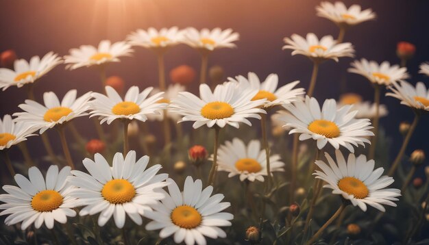 a field of daisies with the sun behind them