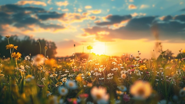 a field of daisies with a sunset in the background