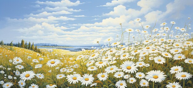 field of daisy with sky painting wall art in the style of photorealistic hyperbole