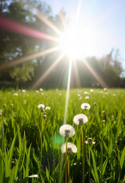 Photo a field of dandelions with the sun shining through the grass