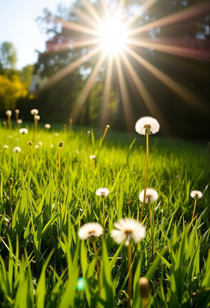 Photo a field of dandelions with the sun shining through the grass