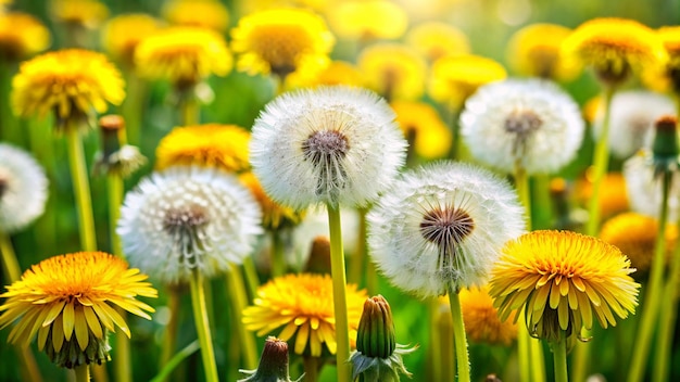 a field of dandelions with the sun shining through them