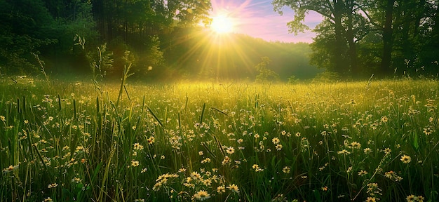 Photo a field of dandelions with the sun shining through the trees