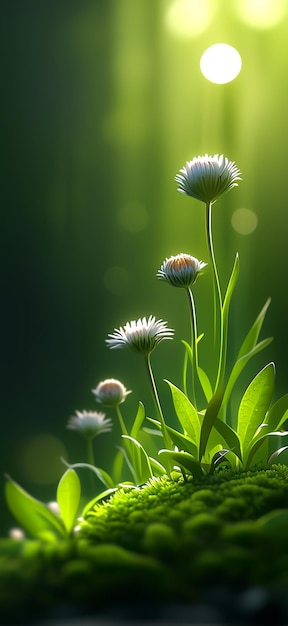 Photo a field of dandelions with the sun behind them