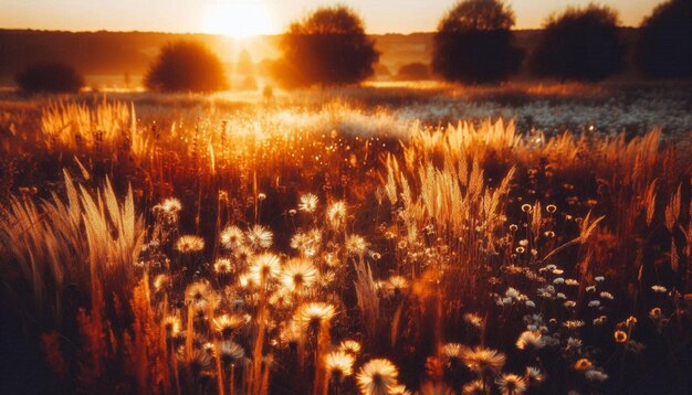 Photo a field of dandelions with the sun behind them