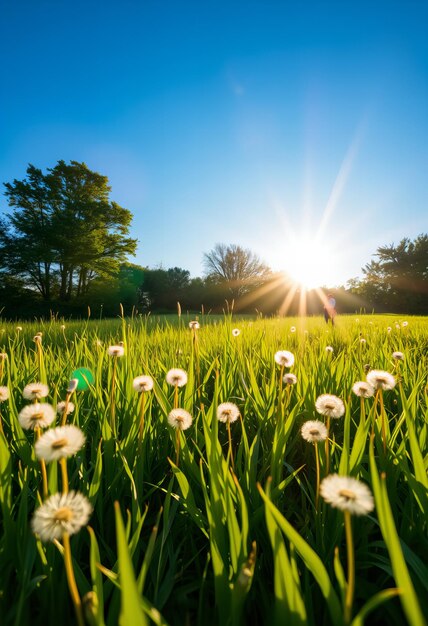 a field of dandelions with the sun behind them