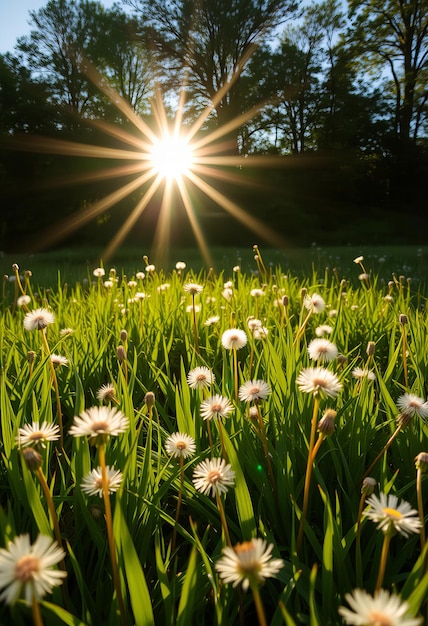 a field of dandelions with the sun behind them