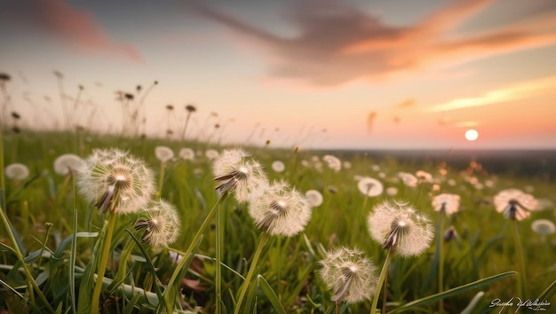 Photo a field of dandelions with a sunset in the background