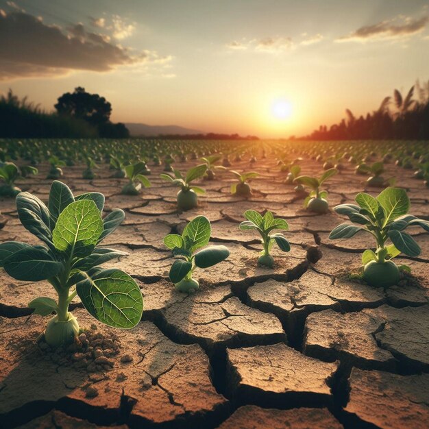 a field of dead plants with the sun setting behind them