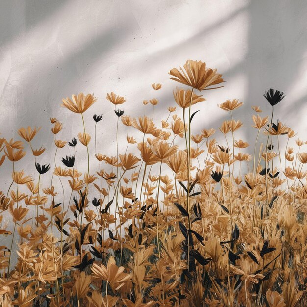 a field of dried flowers with the sun shining through them